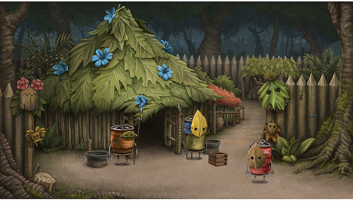Illustration of a tropical hut with plants and a wooden fence in the background