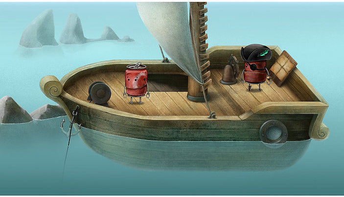 Animated scene with characters on a small boat in a blue ocean with shark fins above.