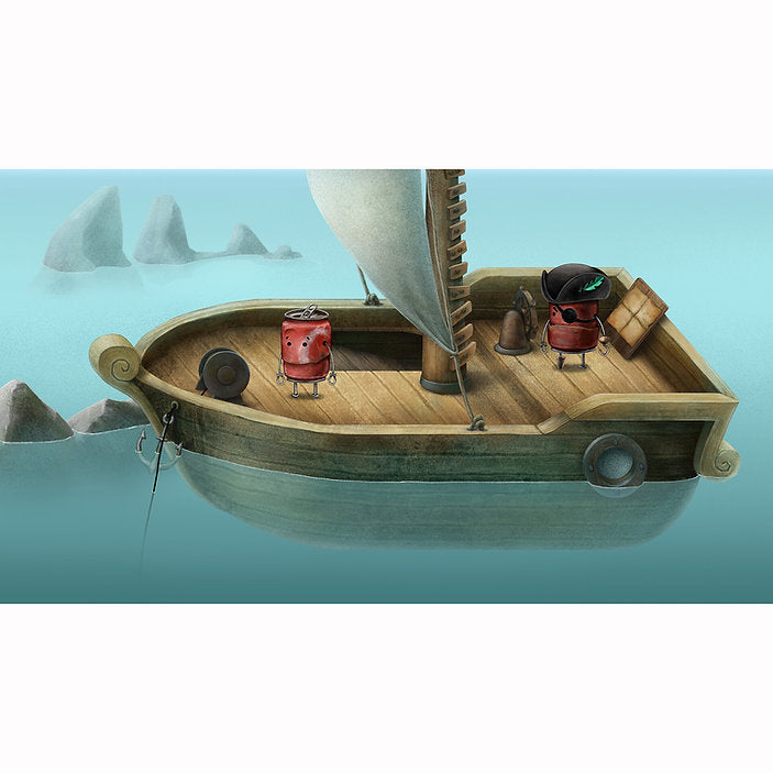 Animated scene with characters on a small boat in a blue ocean with shark fins above.