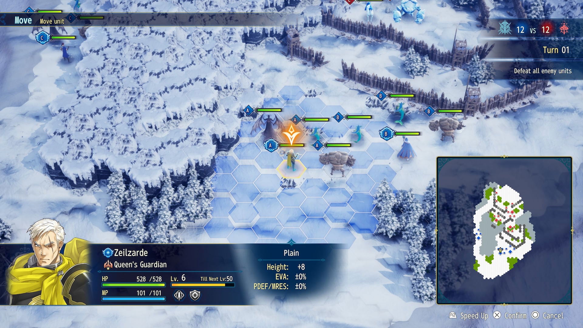 Strategy game interface with snowy landscape and character selection