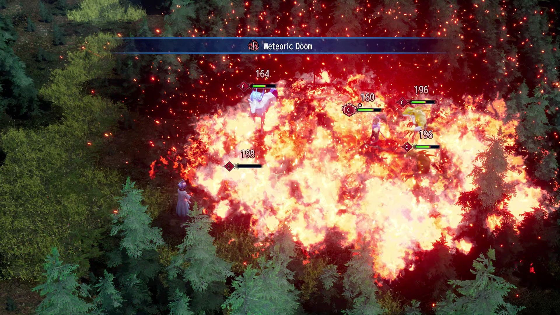 Game screen showing a fiery explosion in a forest setting
