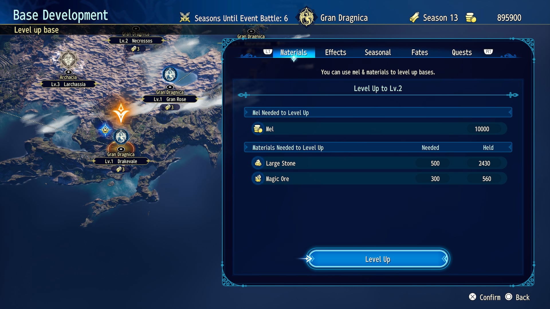 Game interface showing base development screen with map and resource requirements.