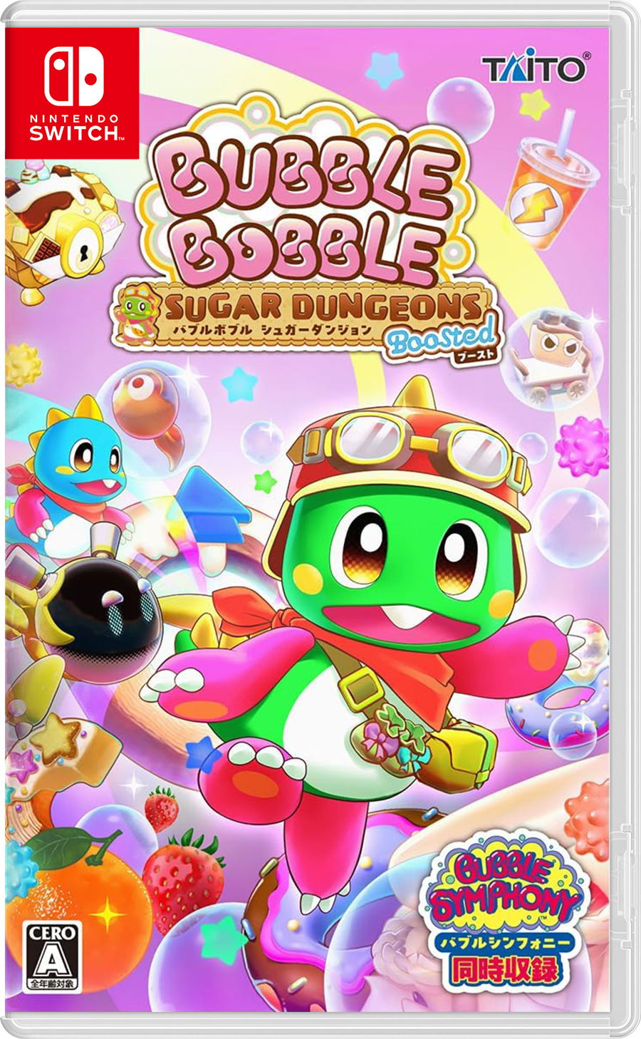 Nintendo Switch game case for Bubble Doodle Sugar Dungeons, featuring a colorful cartoon cover with a green character in a red helmet, pink and purple bubbles, and Taito branding.