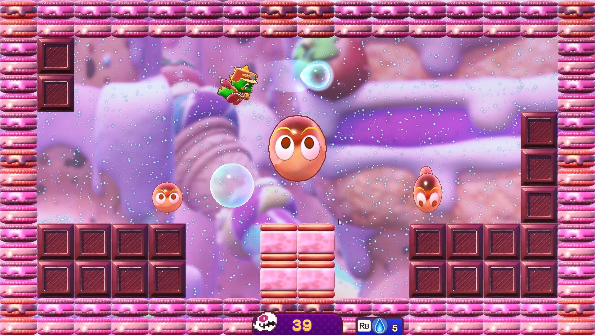A colorful video game scene with cartoonish floating characters, platforms, and candy-like elements on a pink and purple background.