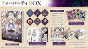 Promotional collage for the CrimeLight Tye Party Box, showing the illustrated product box, multiple accessory cards, a CD, and printed inserts on a beige background with Japanese text.