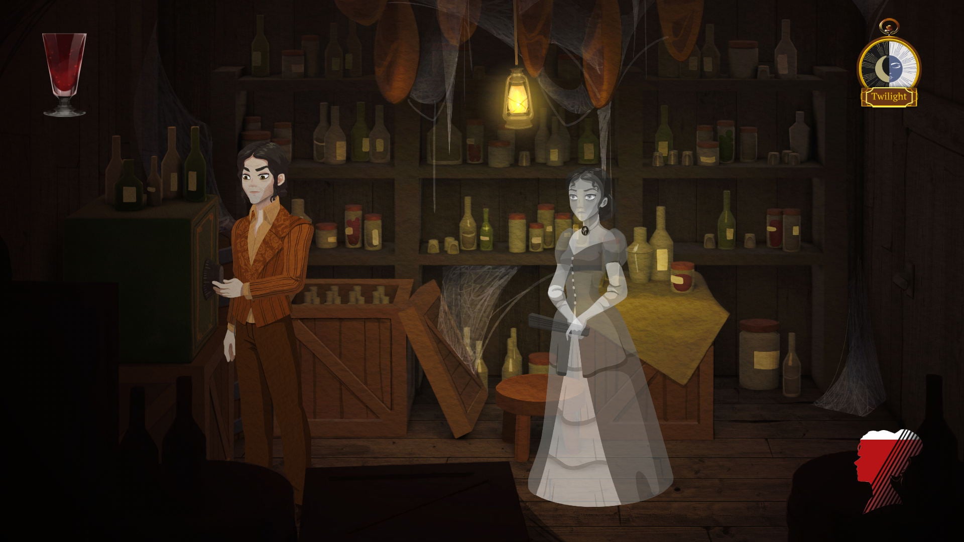 Two characters in a dimly lit bar with shelves of bottles and a table.