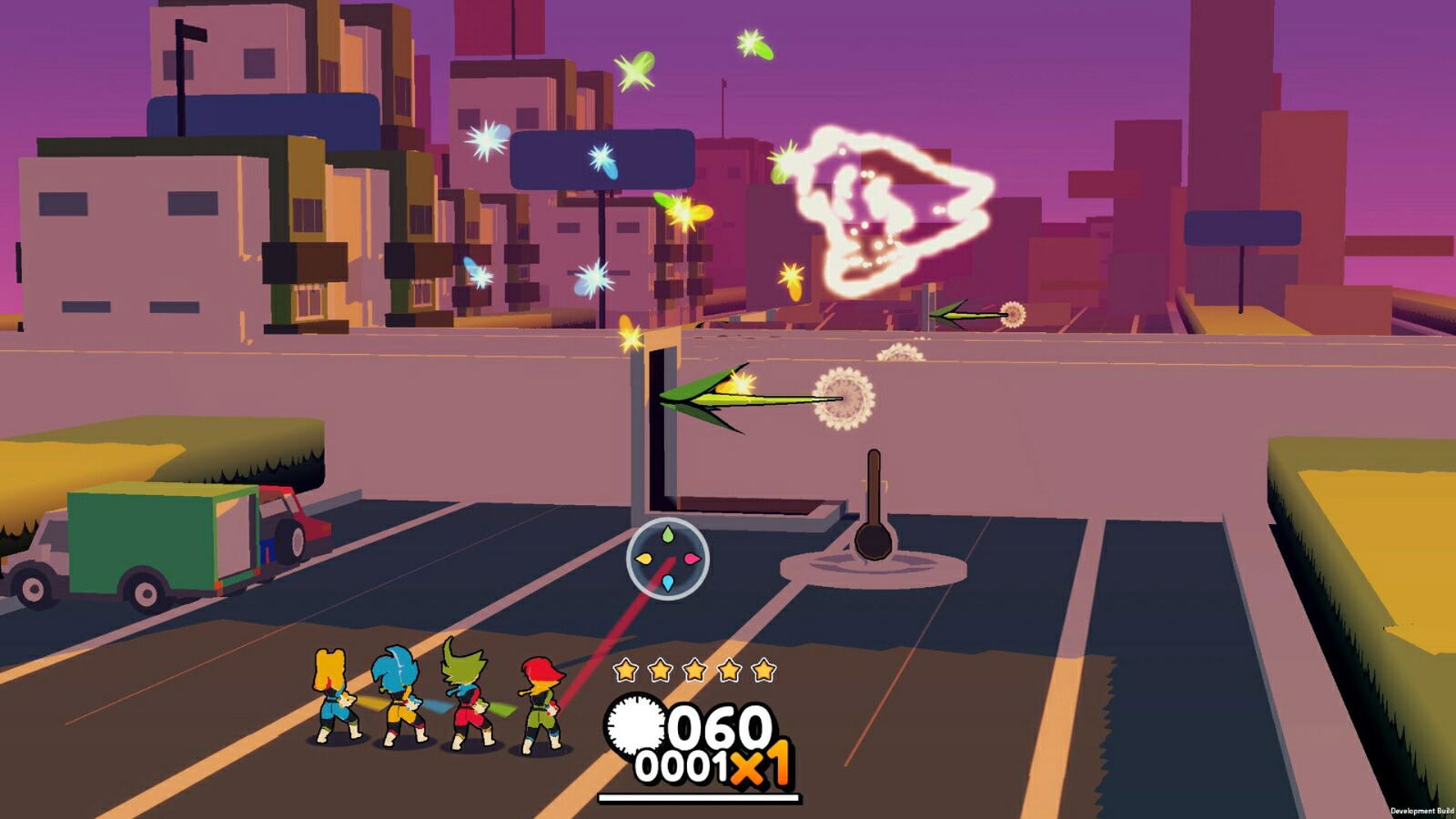 Simplified 3D cityscape with cartoonish characters and neon lights.