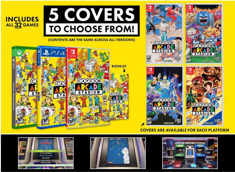 Promotional graphic for '5 Covers to Choose From!' for Gamergate Arcade Stadium, showing multiple platform game covers (Nintendo Switch, PS5, PS4, Xbox) and a booklet on a bright yellow background, with smaller screenshots and cabinet views along the bottom.