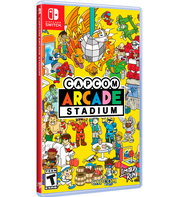 Nintendo Switch game case for Capcom Arcade Stadium, featuring a highly detailed, colorful cartoon illustration on a bright yellow background with the Capcom and Nintendo Switch branding visible.