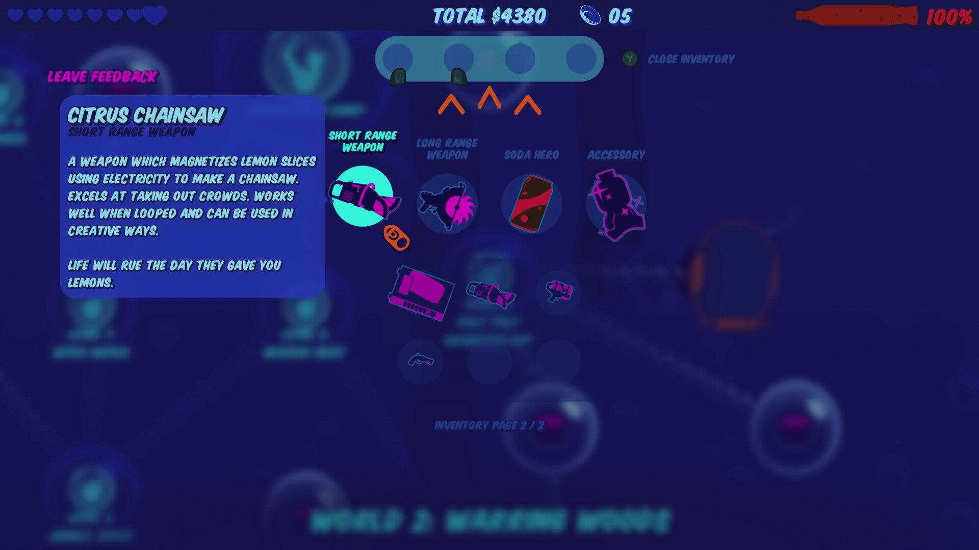 Game interface showing weapon selection with a focus on 'Citrus Chainsaw' description.
