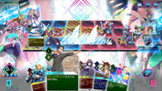 Screenshot of a colorful card game interface with character cards and game elements.