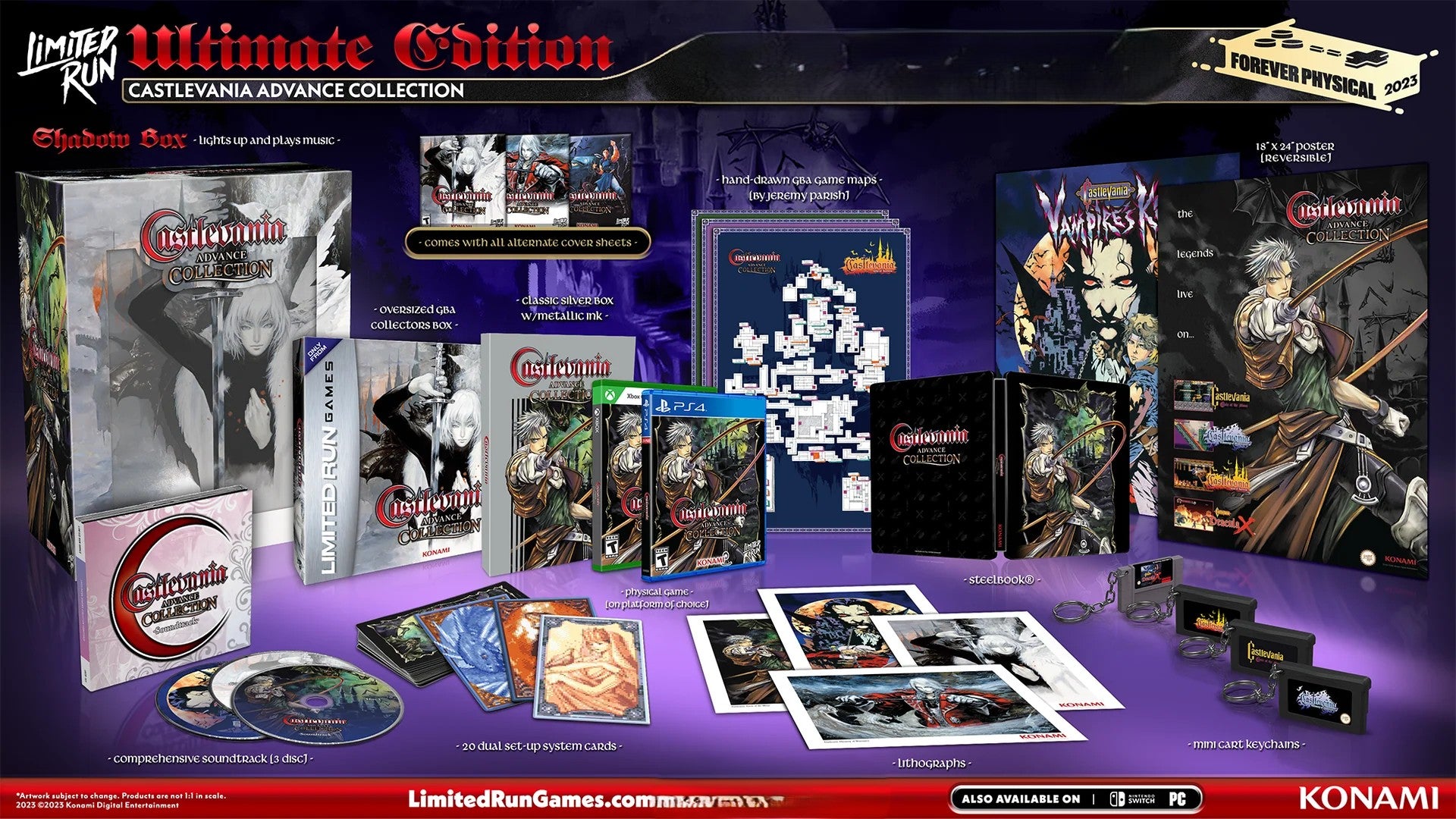 Collection of Castlevania Advance Collection items including games, posters, and figurines on a purple surface.