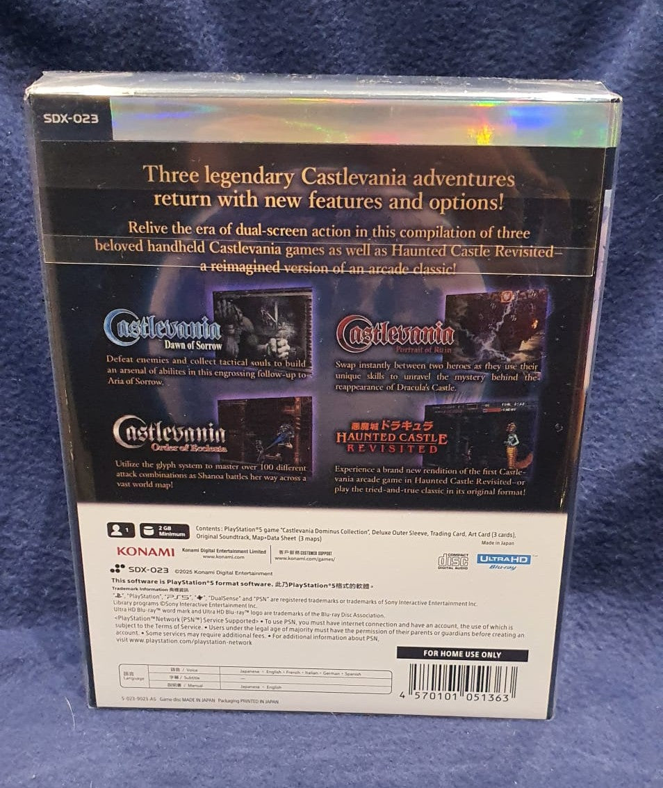 Back cover of a Konami game collection packaging on a blue background