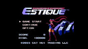 Pixel-art game title screen for Changeable Guardian Estique on a black background, with menu options Game Start, Continue, Option, Score, and High score, plus a small pixel character and blue robot graphic.