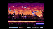 Pixel art screenshot from a retro video game showing a blue character fighting in front of a city skyline and Statue of Liberty against a purple and orange sunset sky. Game UI elements including shield, health, score, and SPD2 are visible at the bottom.