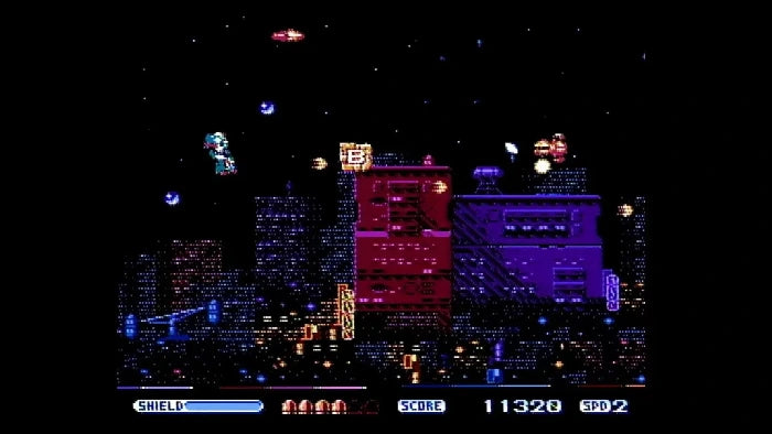 Pixel art scene of a retro video game cityscape at night, with glowing neon buildings in blue, purple, red, and orange against a black starry sky. A small character appears on the left, and a score and SPD2 HUD are visible along the bottom.