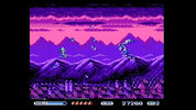 Pixel art scene from a retro video game showing a character jumping in front of purple mountains and a pink sky, with score and shield indicators along the bottom.