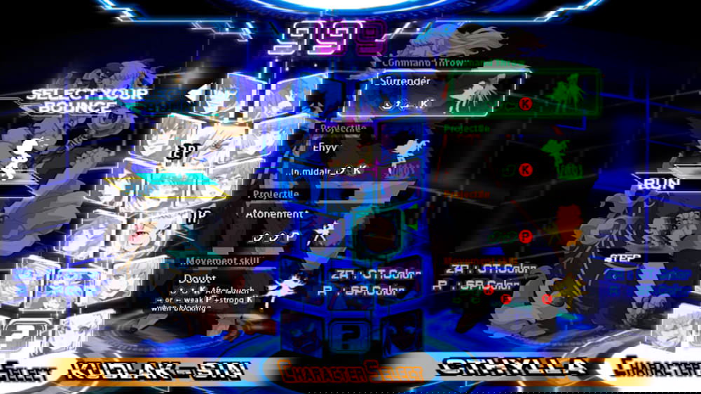 Character selection screen from a video game with various characters and options.