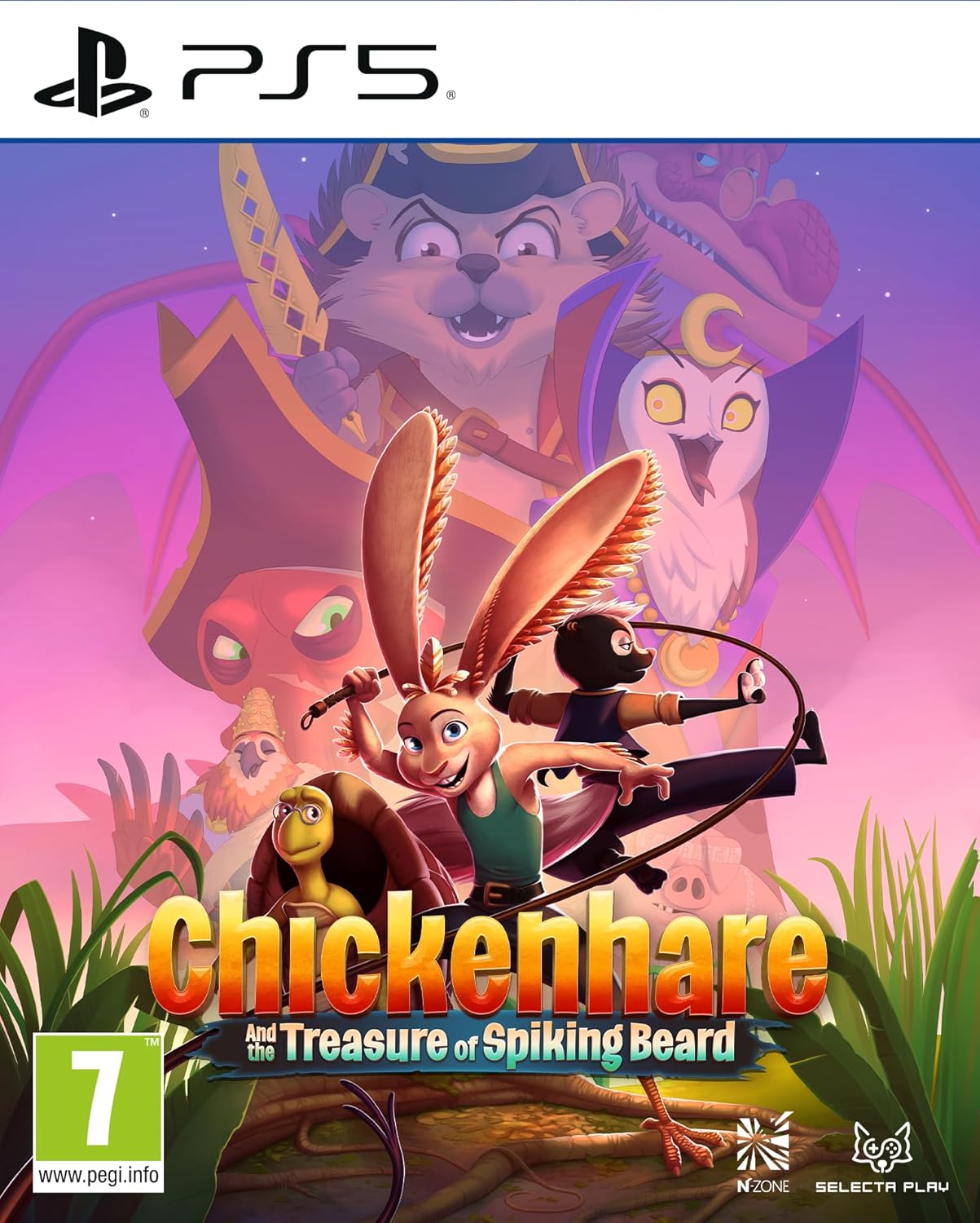 Game cover for 'Chickenhare and the Treasure of Spiking Beard' on PS5 with animated characters and vibrant colors.