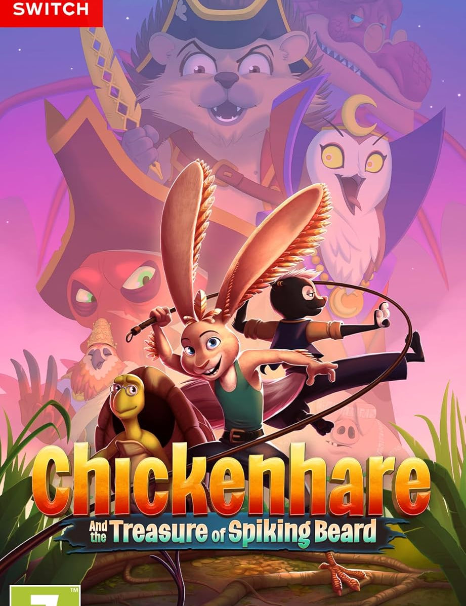 Game box for 'Chickenhare and the Treasure of Spiking Beard' on Nintendo Switch with cartoon characters and colorful design.