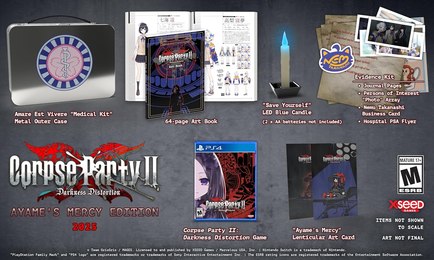 Collection of 'Corpus Party II' game merchandise including a metal case, art book, and other items on a dark background.