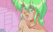 Anime character with green hair and a surprised expression on a pink background