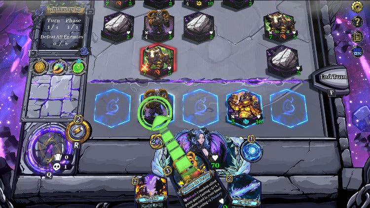 A screenshot of a fantasy card game board showing a player placing a green creature card on a stone battlefield with glowing blue action tiles and other game UI elements visible.