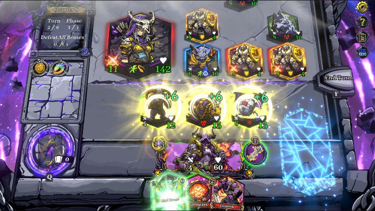 A digital fantasy card game interface showing multiple illustrated character cards arranged on a stone-like battle board with glowing effects and purple interface elements.