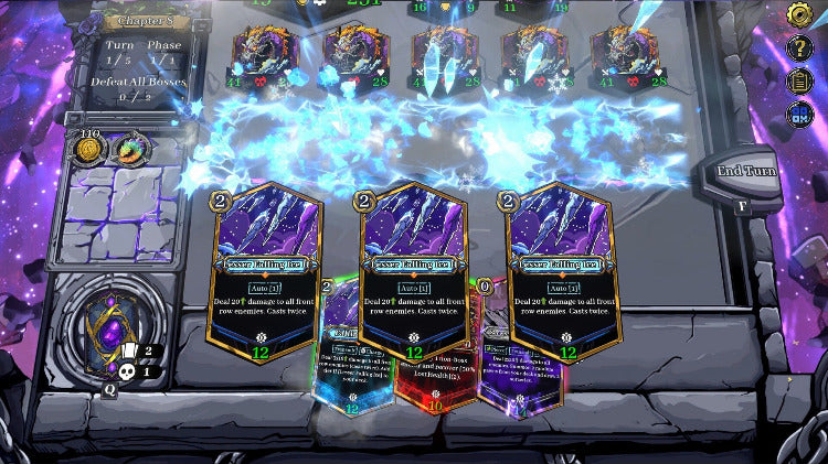 A digital tabletop gaming scene showing four fantasy creature cards with purple artwork arranged on a stone game board, with glowing blue energy effects across the center and game UI elements around the edges.