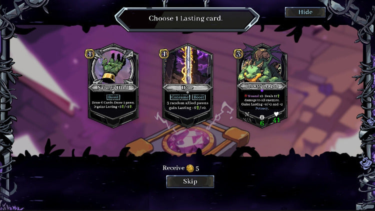 A digital user interface screen for a card game, showing three selectable lasting cards: Nature's Breath, Horror, and Bone Shaker, with a purple gothic-themed background and a 'Receive 5' coin icon.