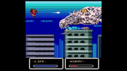 Vintage video game screen with a character facing a large dragon-like creature on a platform.