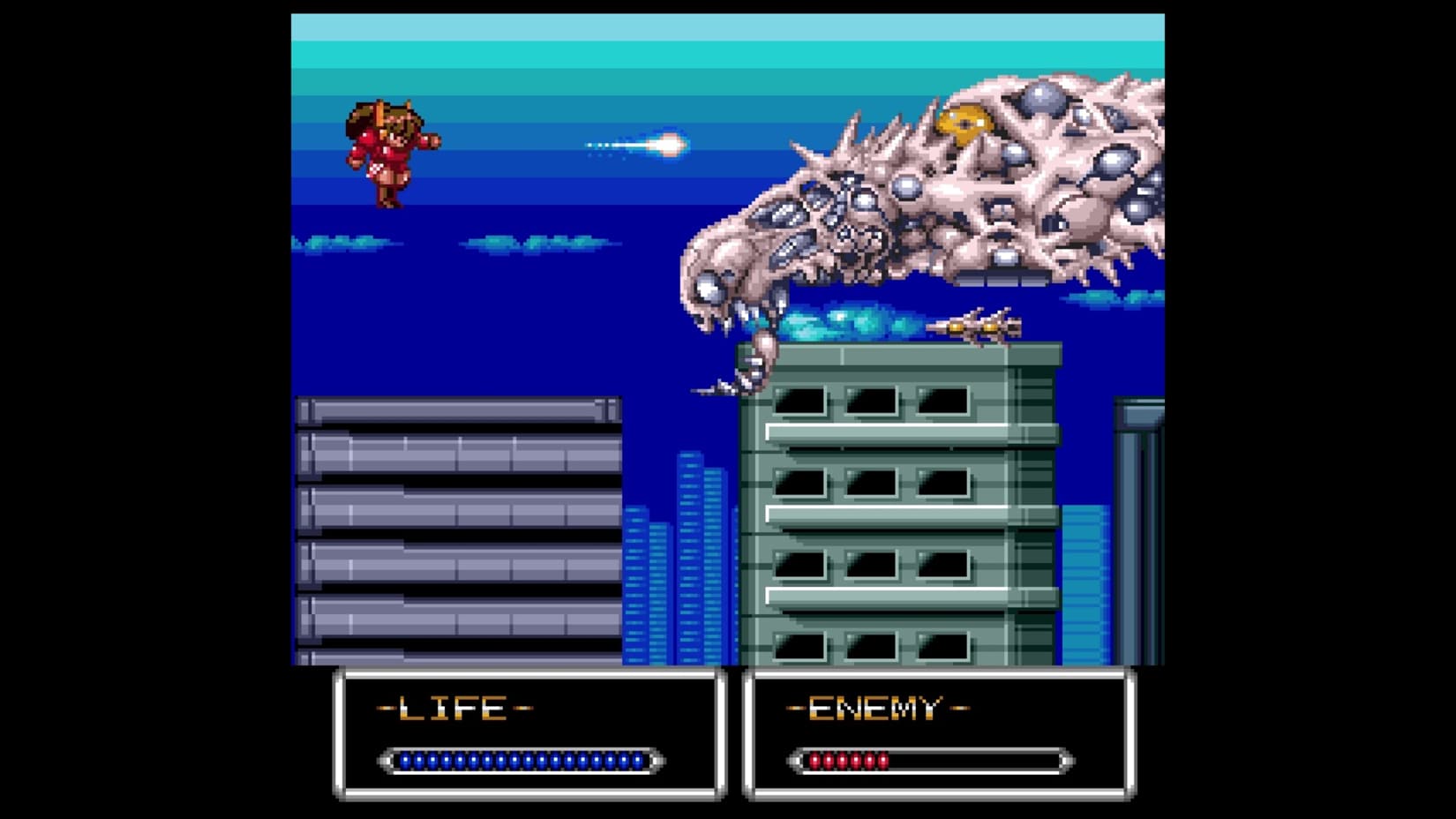 Vintage video game screen with a character facing a large dragon-like creature on a platform.