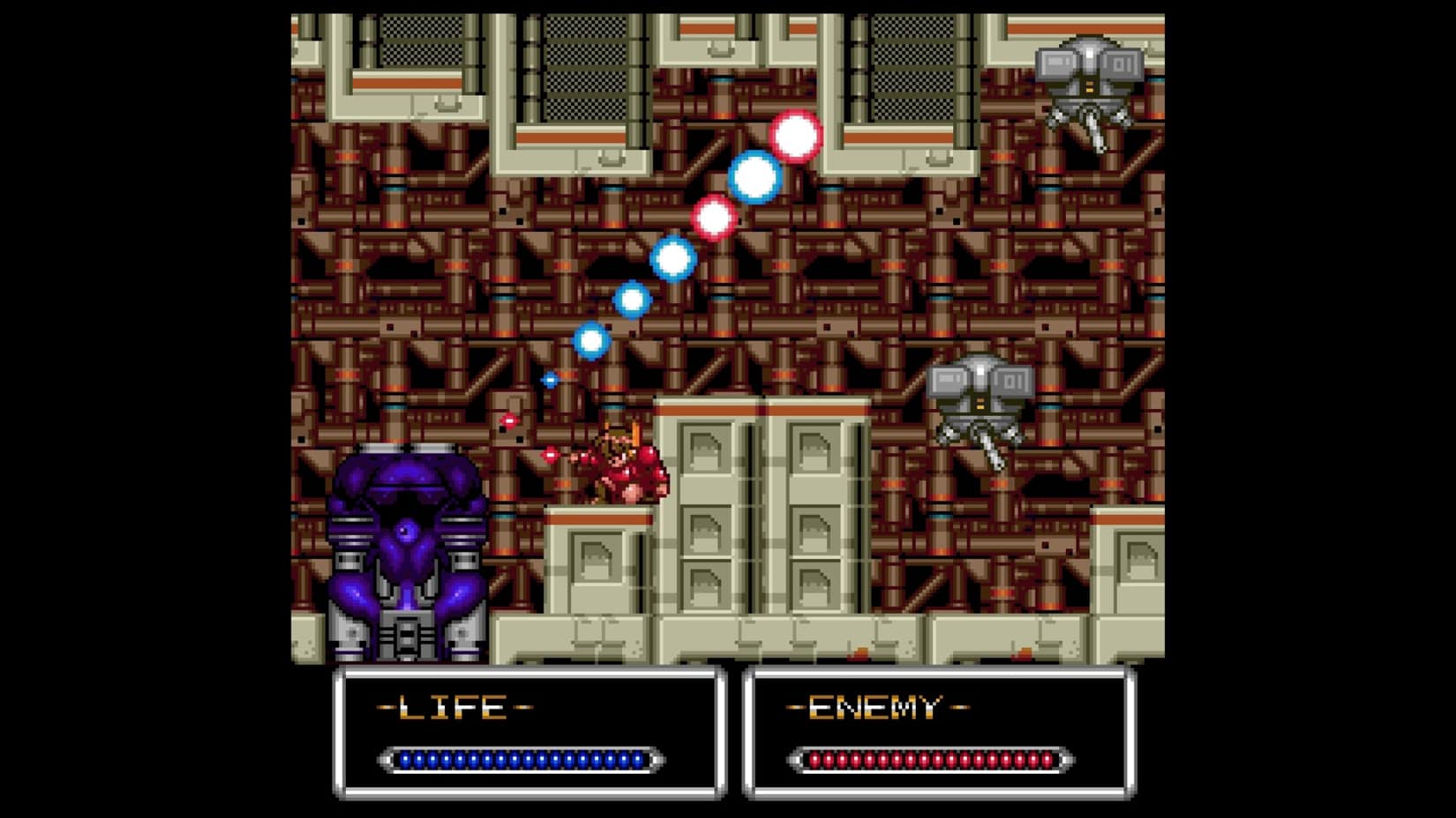 Vintage video game screen with a platformer level design.