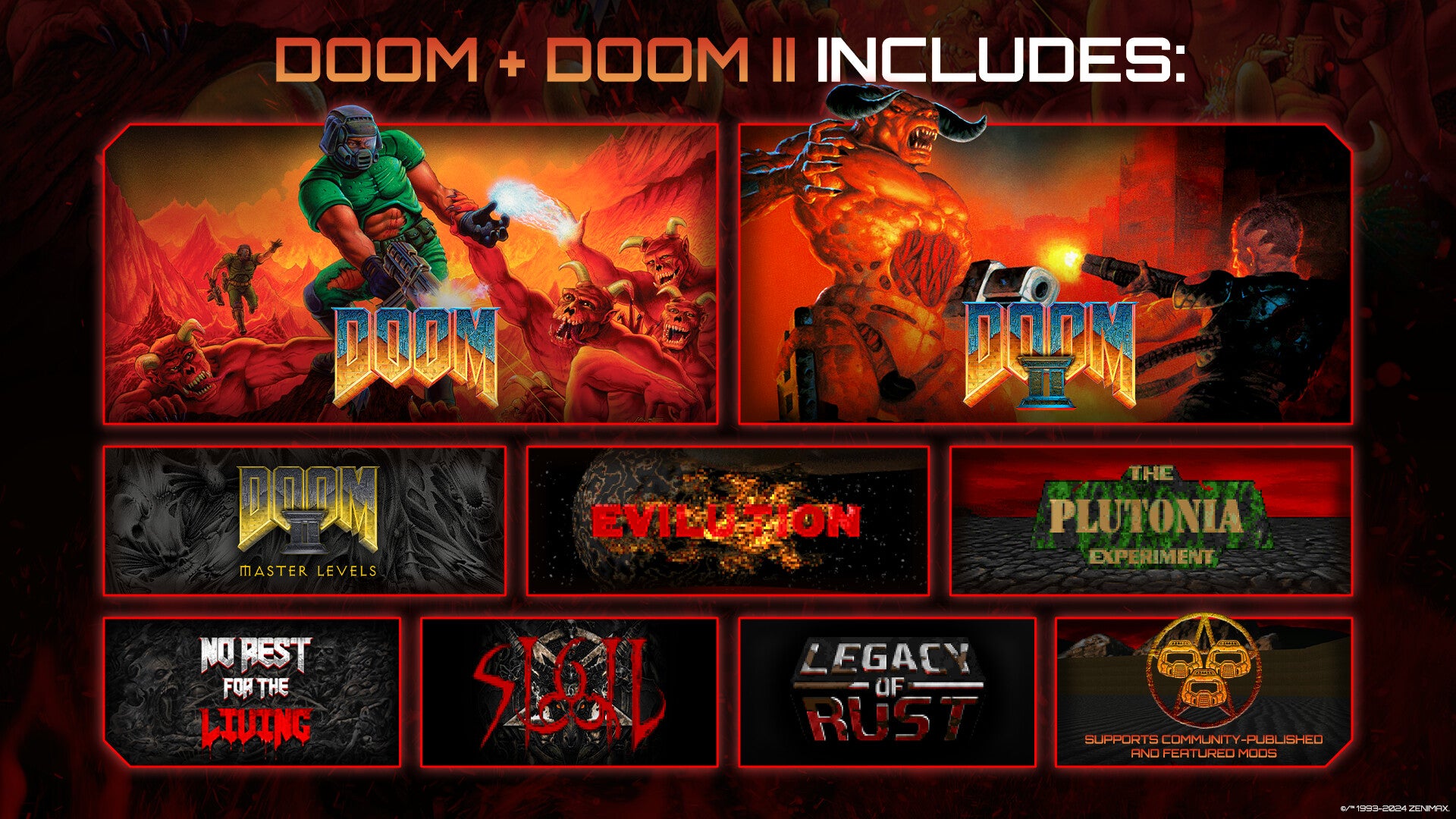 List of Doom game titles included in a bundle on a dark background