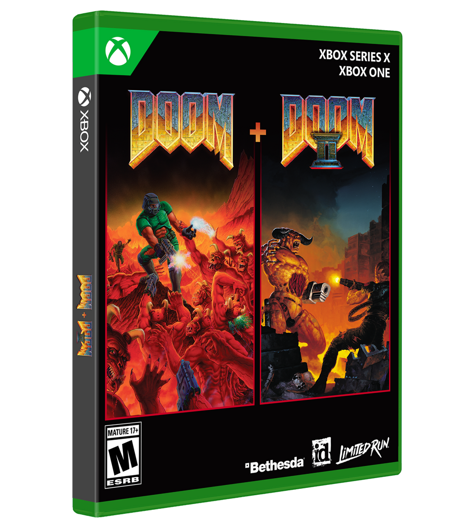 Packaging for Doom and Doom II games on Xbox platforms with colorful graphics and branding.