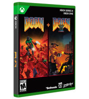 Packaging for Doom and Doom II games on Xbox platforms with colorful graphics and branding.