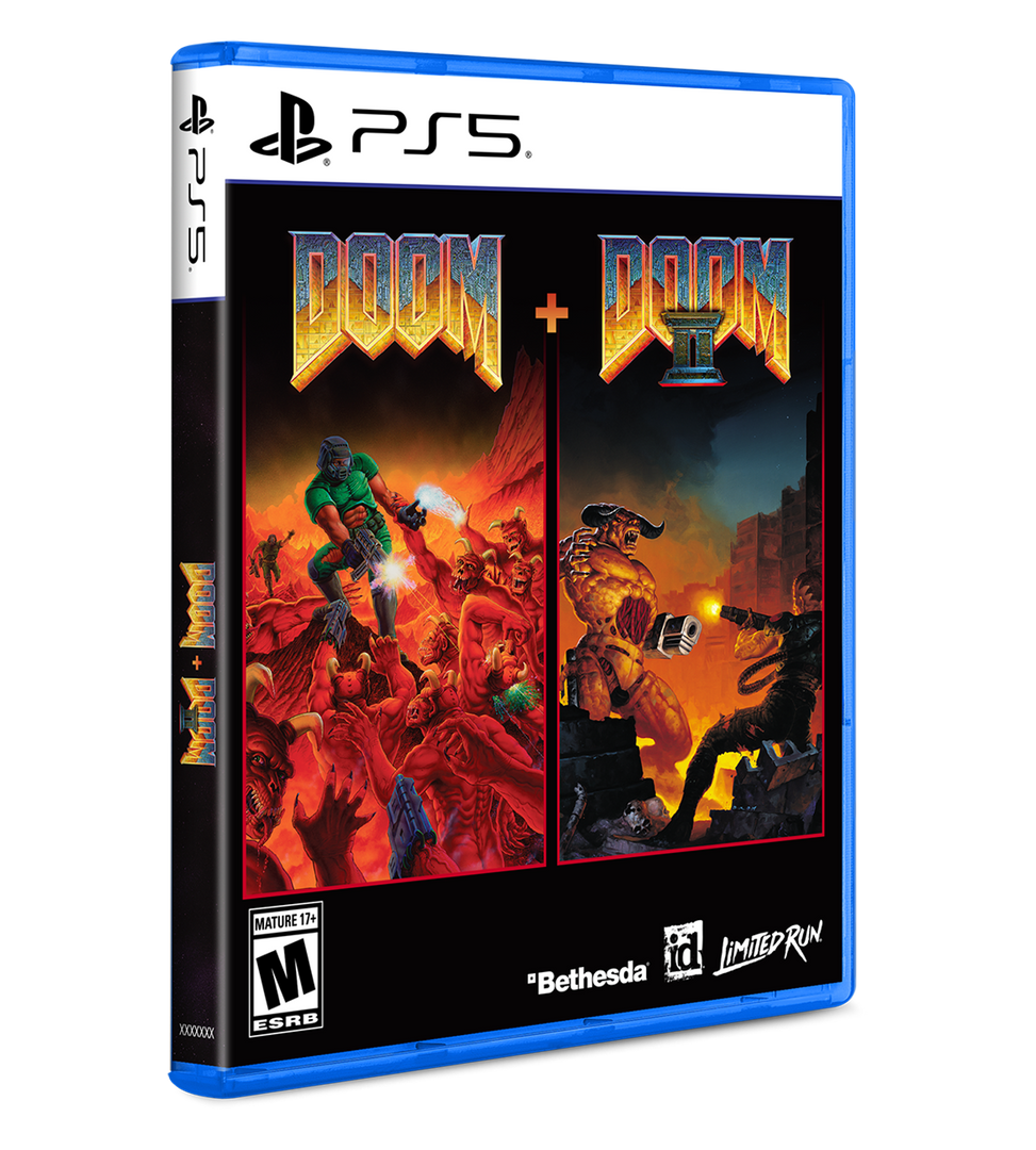 PlayStation 5 game case for 'Doom' and 'Doom II' with colorful graphics on a white background.