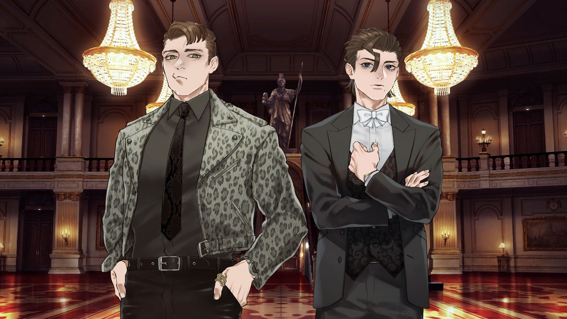 Two men in formal attire standing in a grand hall with chandeliers.