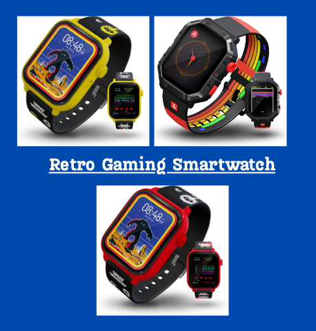 Retro gaming smartwatch with colorful display on a blue background, featuring the Bazaar Bazaar logo.