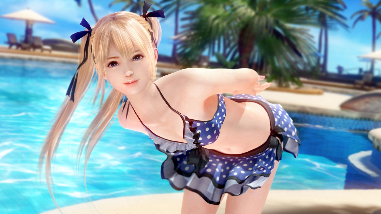 Animated character in a polka dot swimsuit by a pool with palm trees in the background