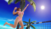Woman in pink bikini playing beach volleyball with palm trees and blue sky in the background