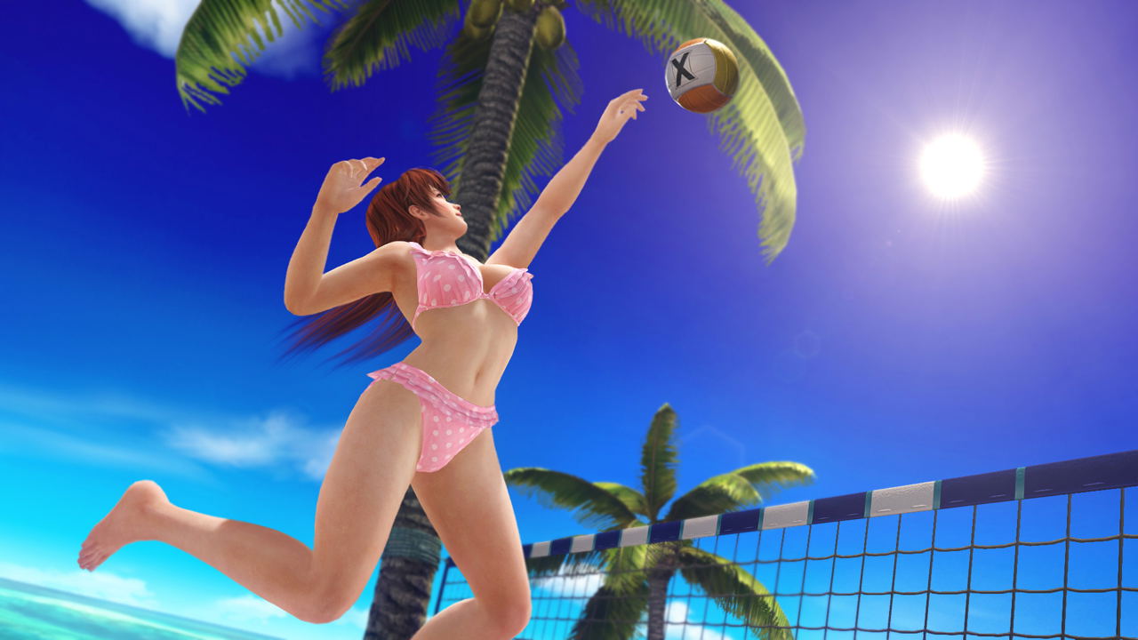 Woman in pink bikini playing beach volleyball with palm trees and blue sky in the background