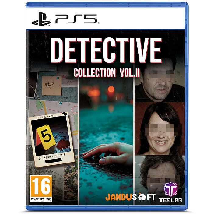 Game case for 'Detective Collection Vol. II' on PS5 with images of a hand, woman, and map.