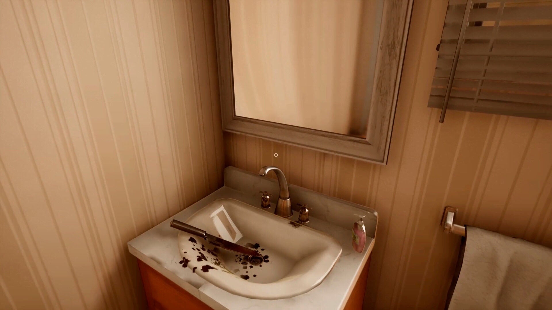 Bathroom sink with a mirror above it, showing signs of wear.