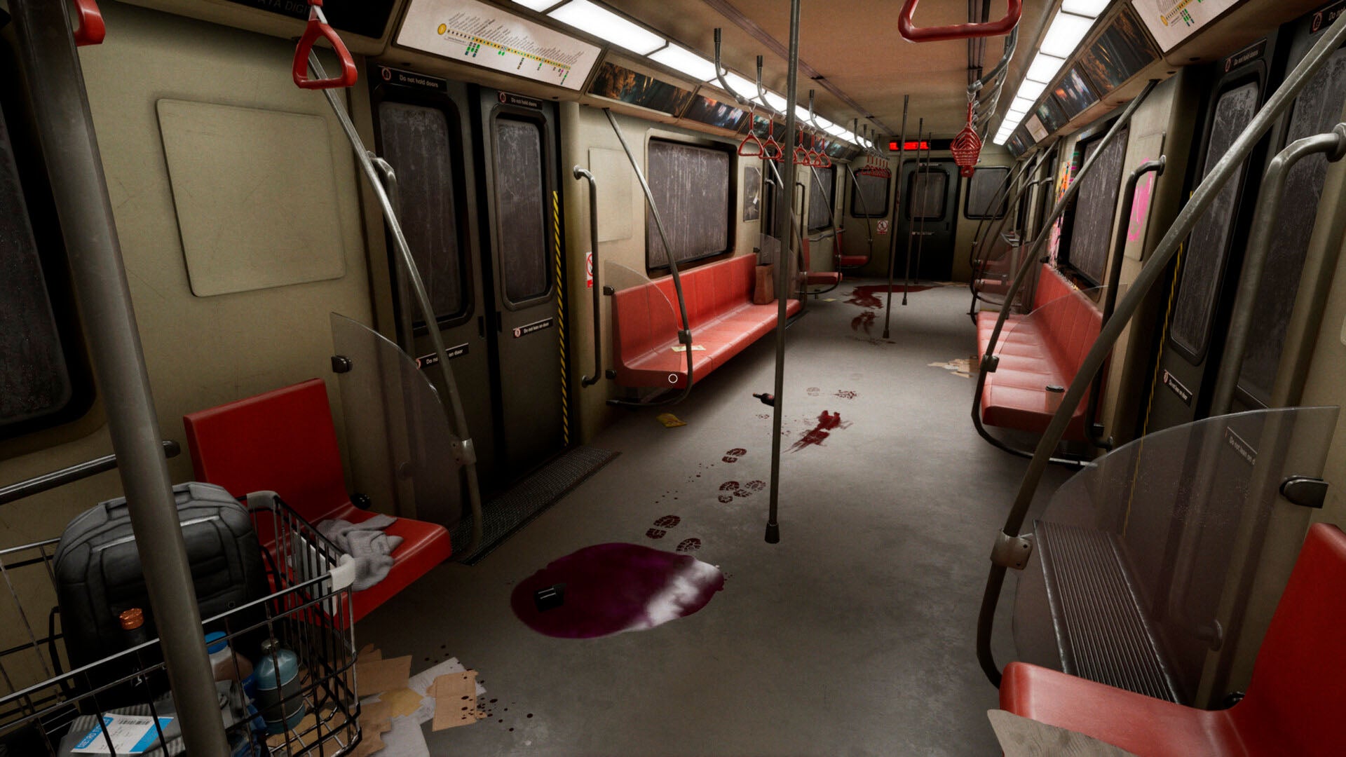 Deserted subway car with red seats and scattered items on the floor
