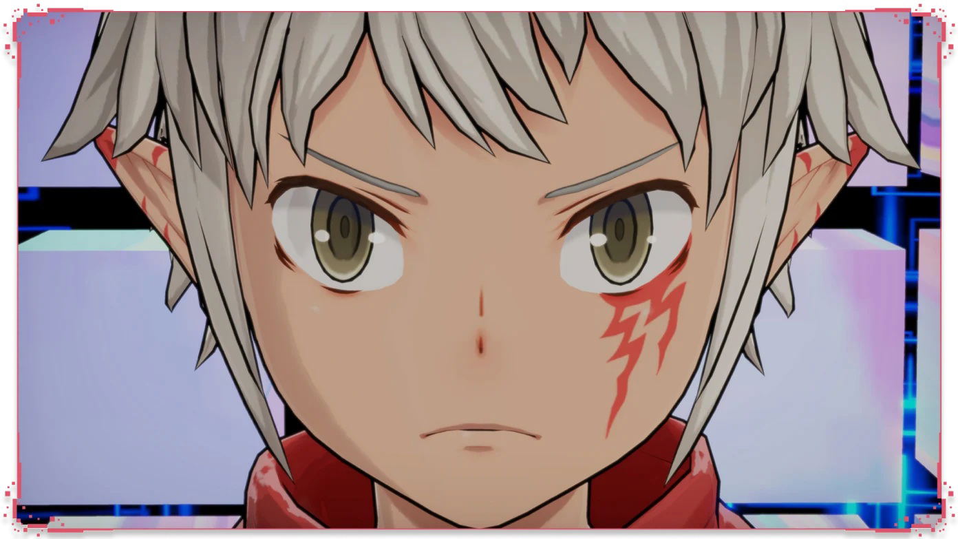 Close-up of an anime character with gray hair and red markings on a blurred background