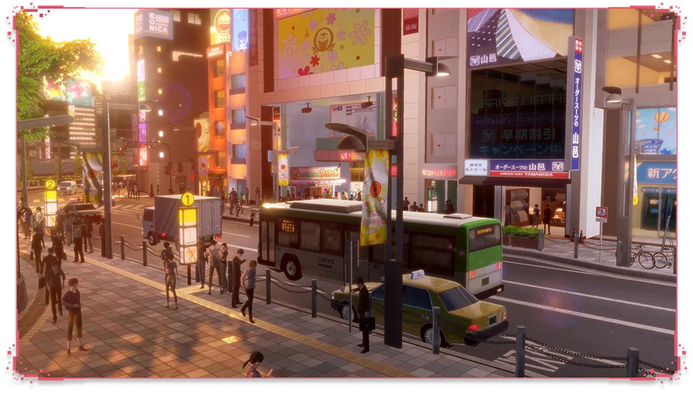 City street scene with buses, pedestrians, and illuminated signs.