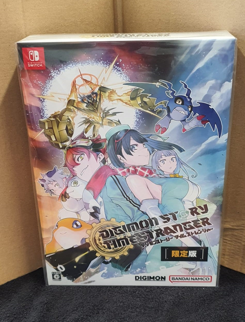 Nintendo Switch game box for Digimon Story: Time Stranger, featuring colorful anime artwork with multiple Digimon characters and creatures on the front cover. Visible brands include Nintendo Switch, Digimon, and Bandai Namco.
