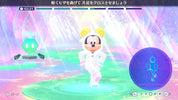 Character in a white outfit with yellow ears on a colorful platform with Japanese text and icons.