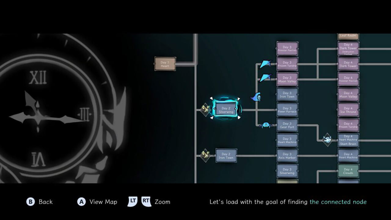 Game interface with map and node connections on a dark background